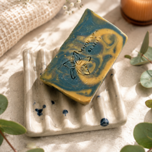 Sapphire Soap Bar on handmade ceramic soap dish